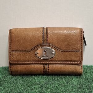 Vintage Fossil Maddox Brown Keyhole Leather Trifold Wallet Clutch Keyhole
